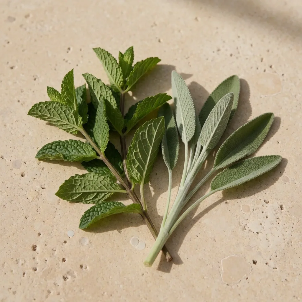 Fresh herb sprigs on stone paper surface