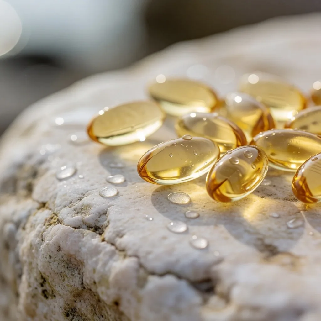 Coastal Omega-3 softgels on stone surface
