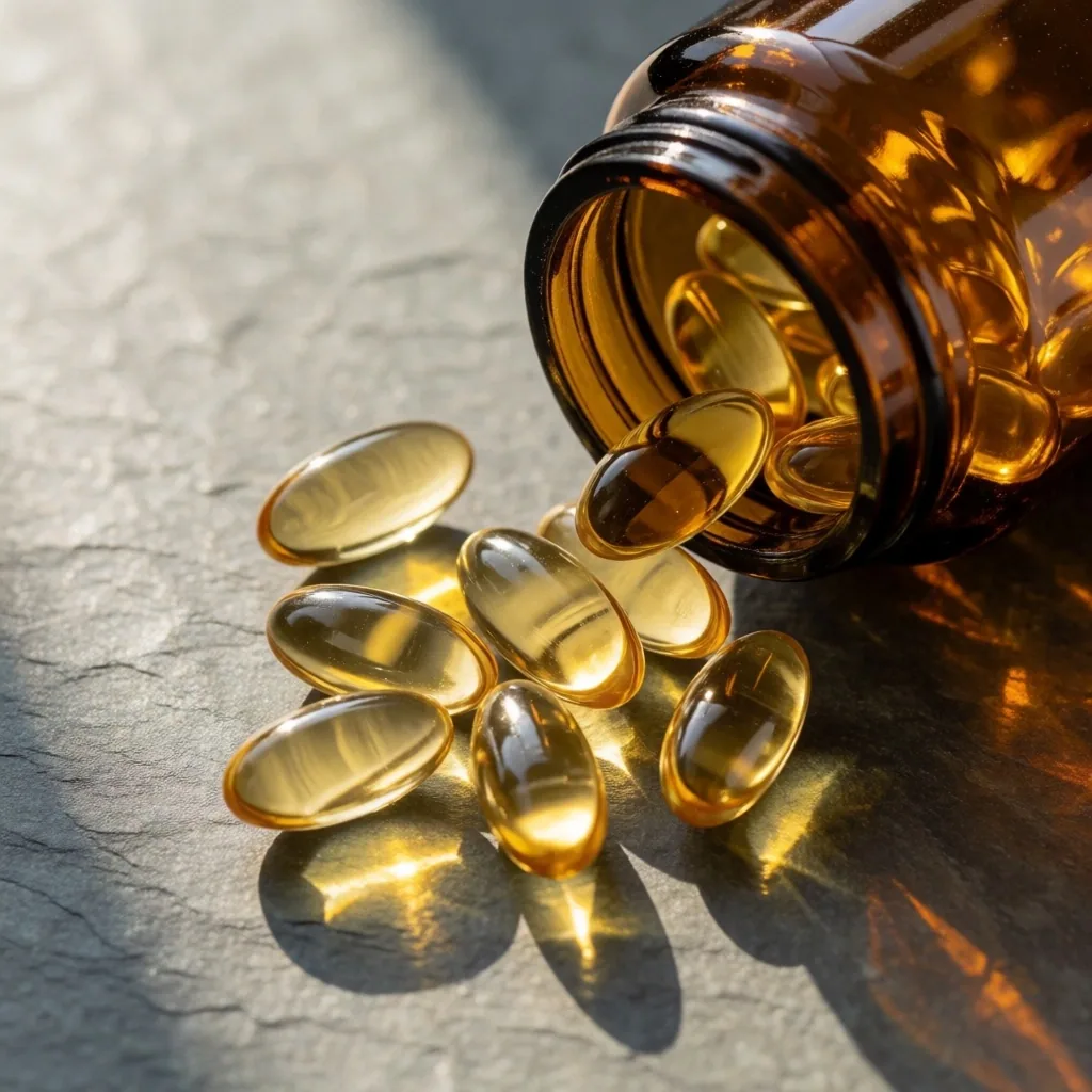 Open bottle showing softgels