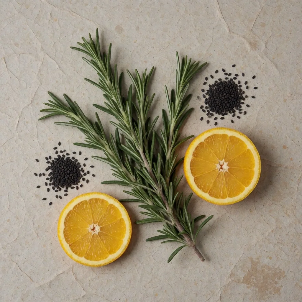 Botanical ingredients arranged on stone paper
