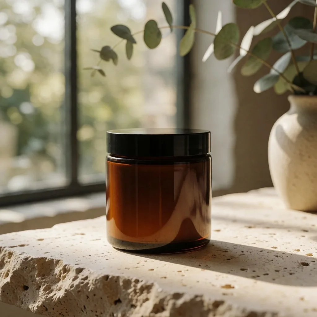 Daily Vitality Complex amber glass jar on stone-paper surface