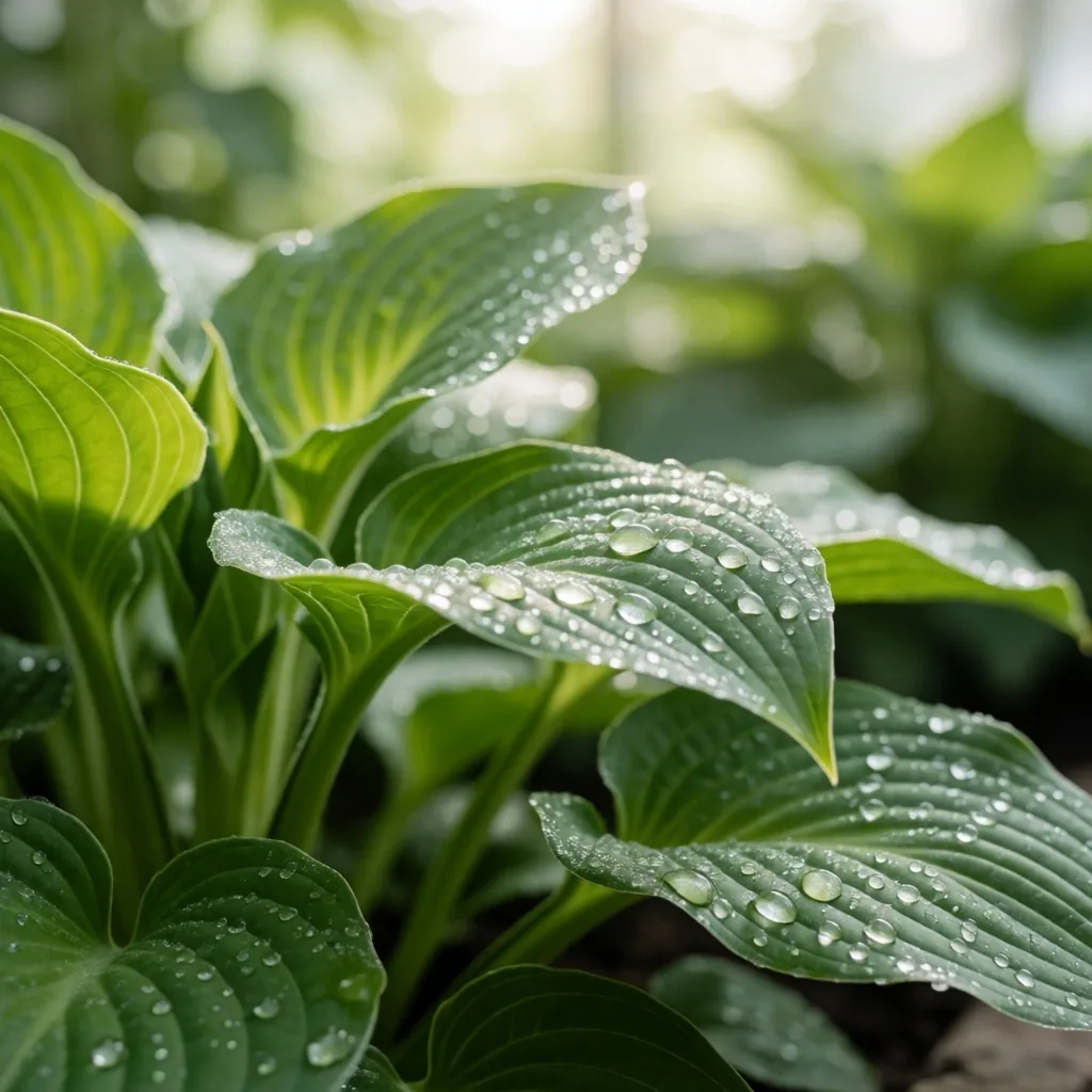 Dew-covered botanical leaves in soft morning light