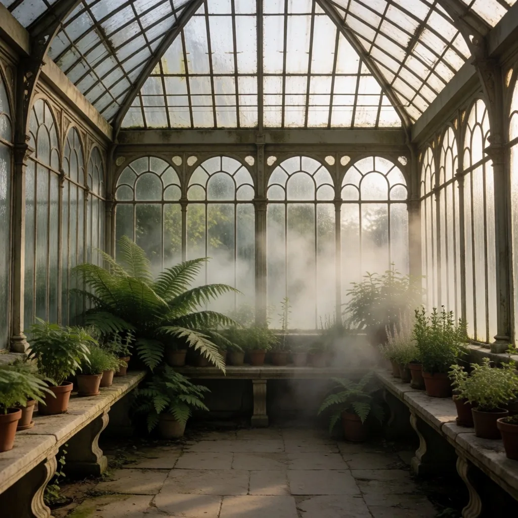 Victorian conservatory interior with botanical specimens