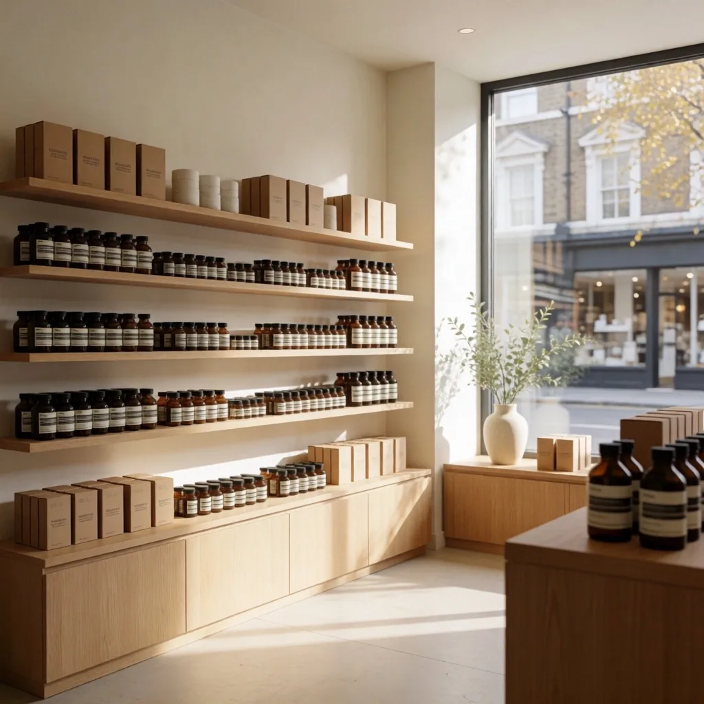 Independent shop interior with supplement shelves