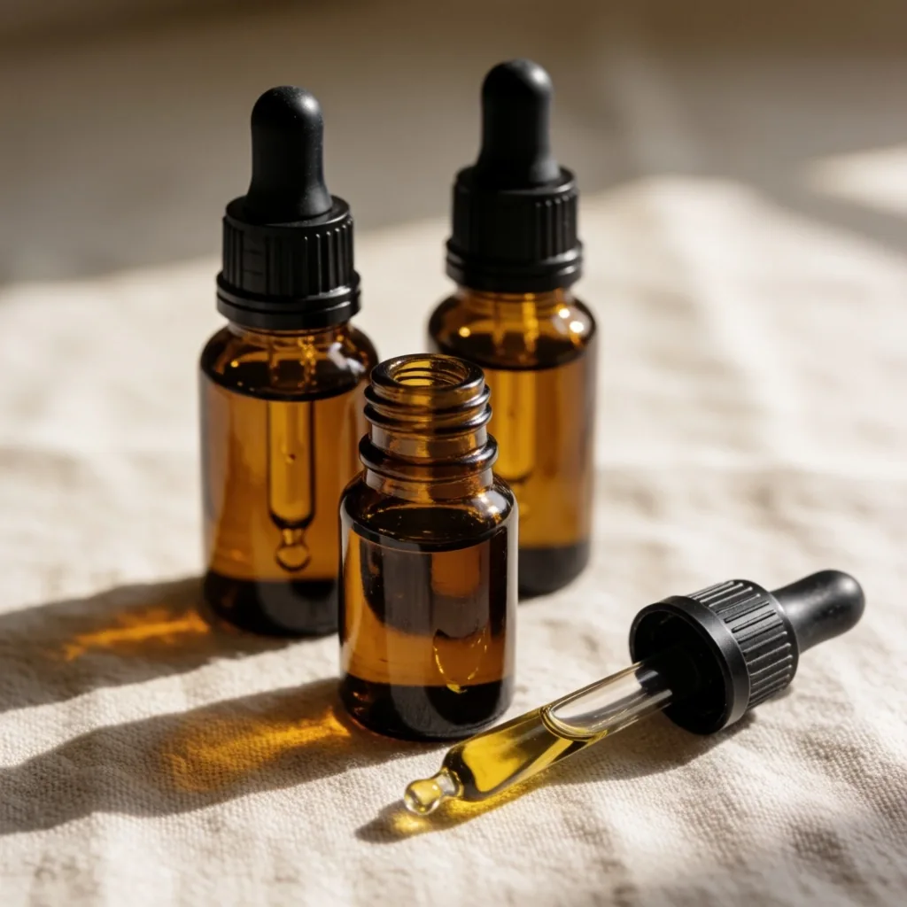 Amber glass dropper bottles on a linen surface