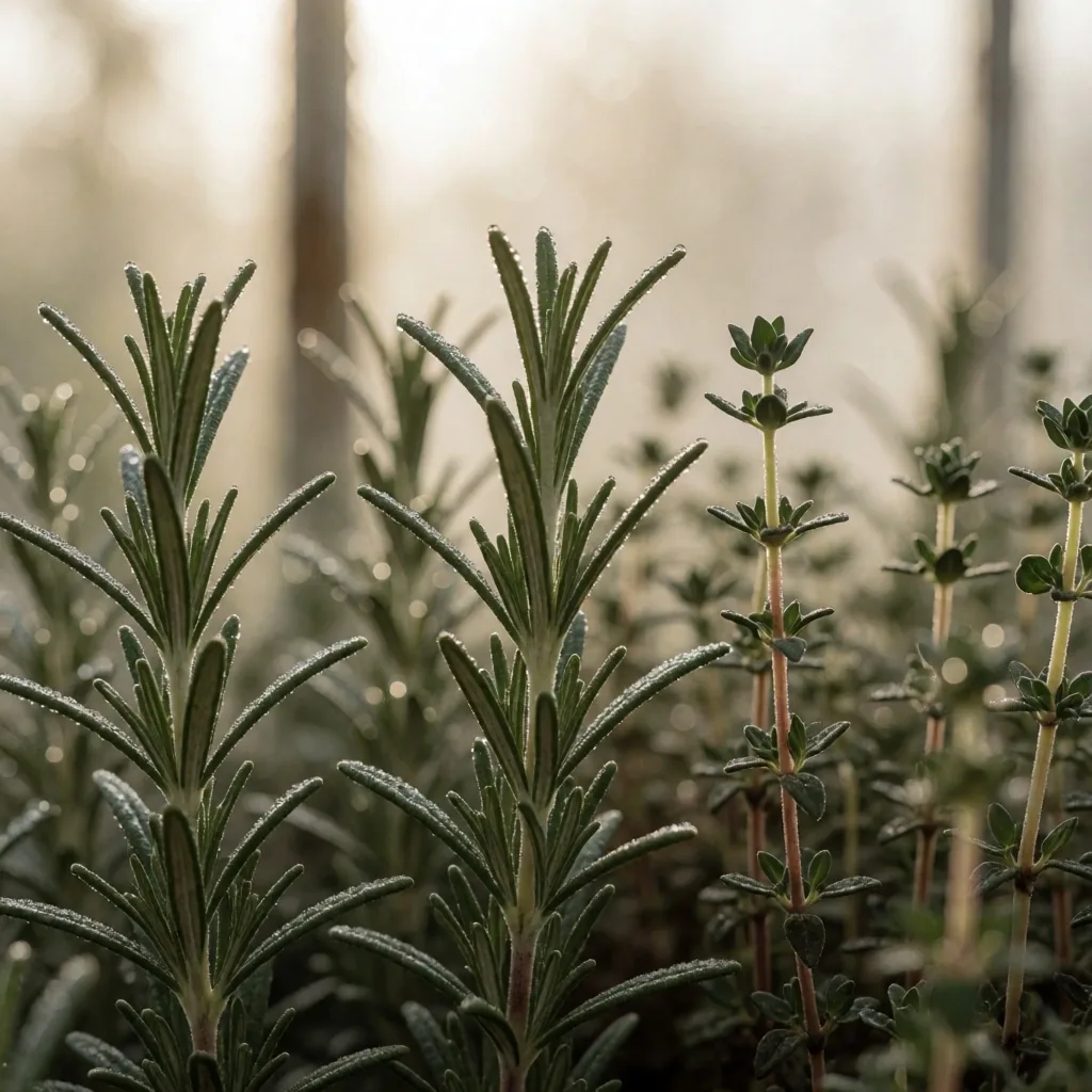 Fresh herb sprigs with morning dew in soft natural light