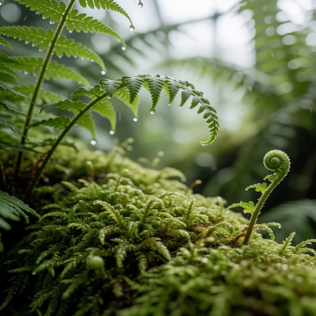 Macro view of moss and fern fronds with water droplets