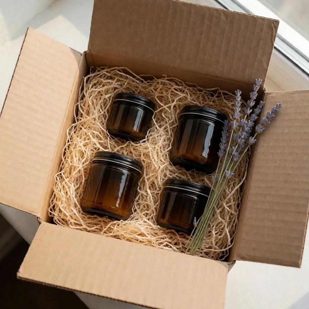 A packed parcel with natural fibre padding and a sprig of dried lavender