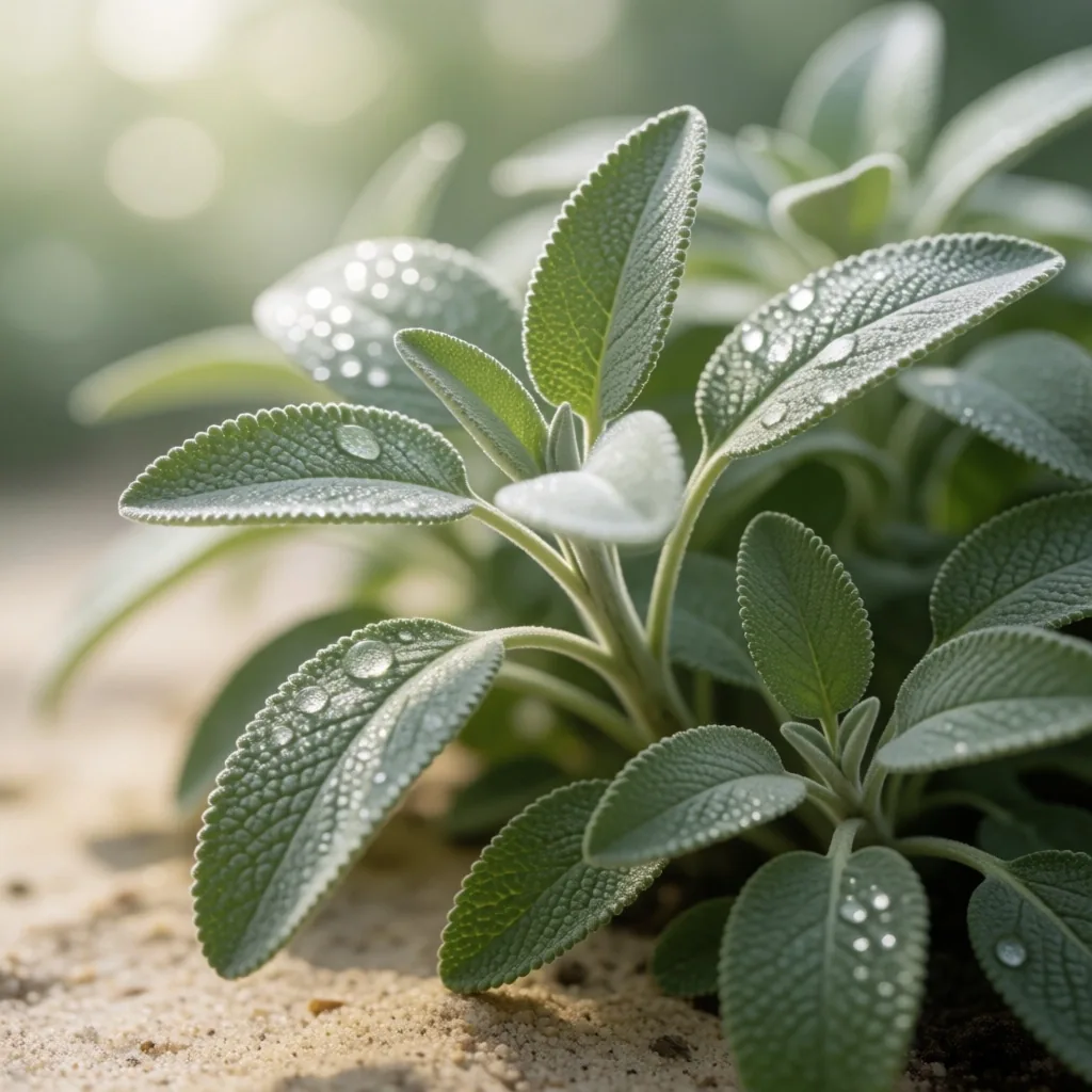 Fresh sage leaves with morning dew in soft greenhouse light