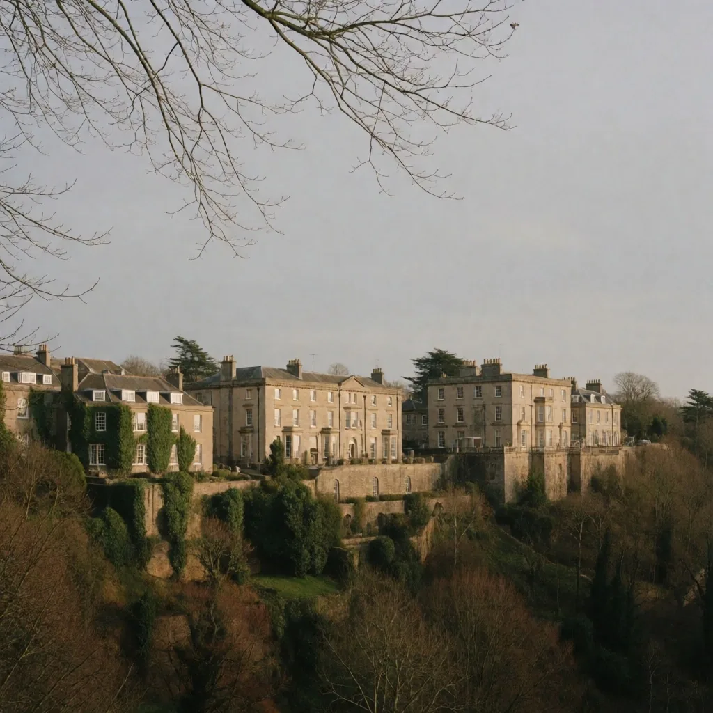Clifton, Bristol in soft winter light with stone buildings and bare trees