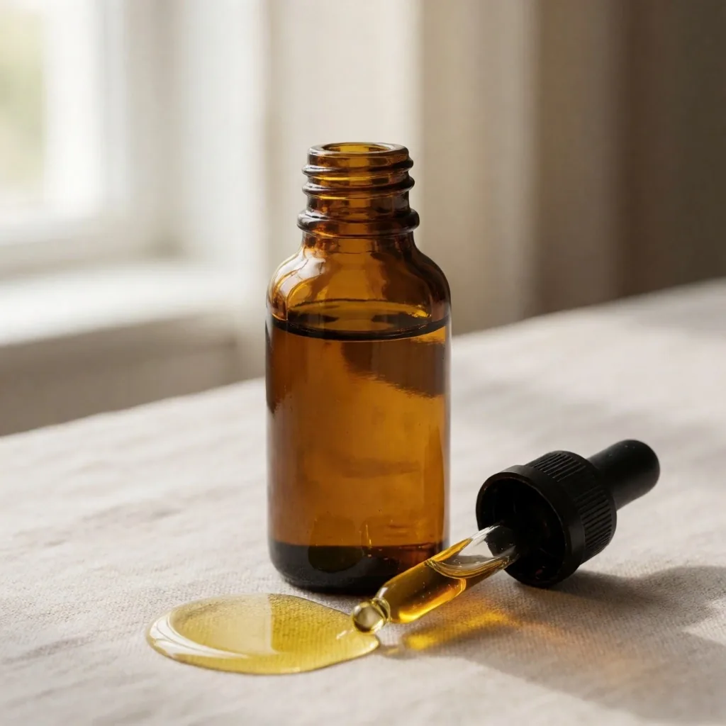 D3 bottle with oil drops on linen cloth