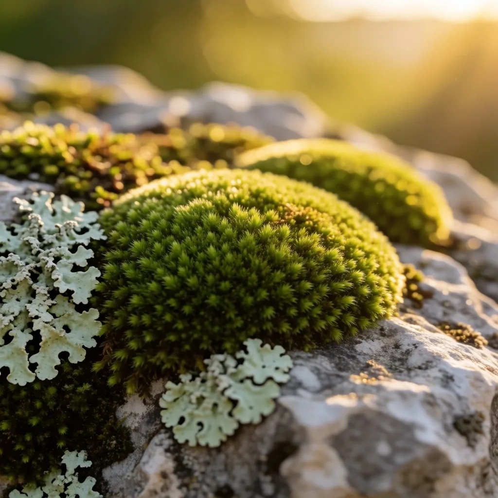 Moss and lichen on stone in soft afternoon light