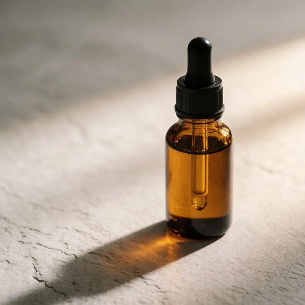 Pure Sunshine D3 amber glass dropper bottle on stone paper surface