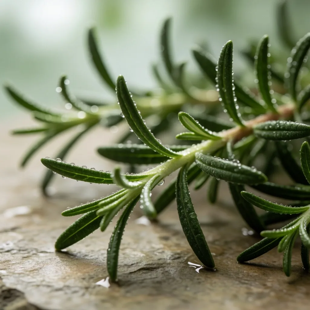 Fresh rosemary sprigs with morning dew