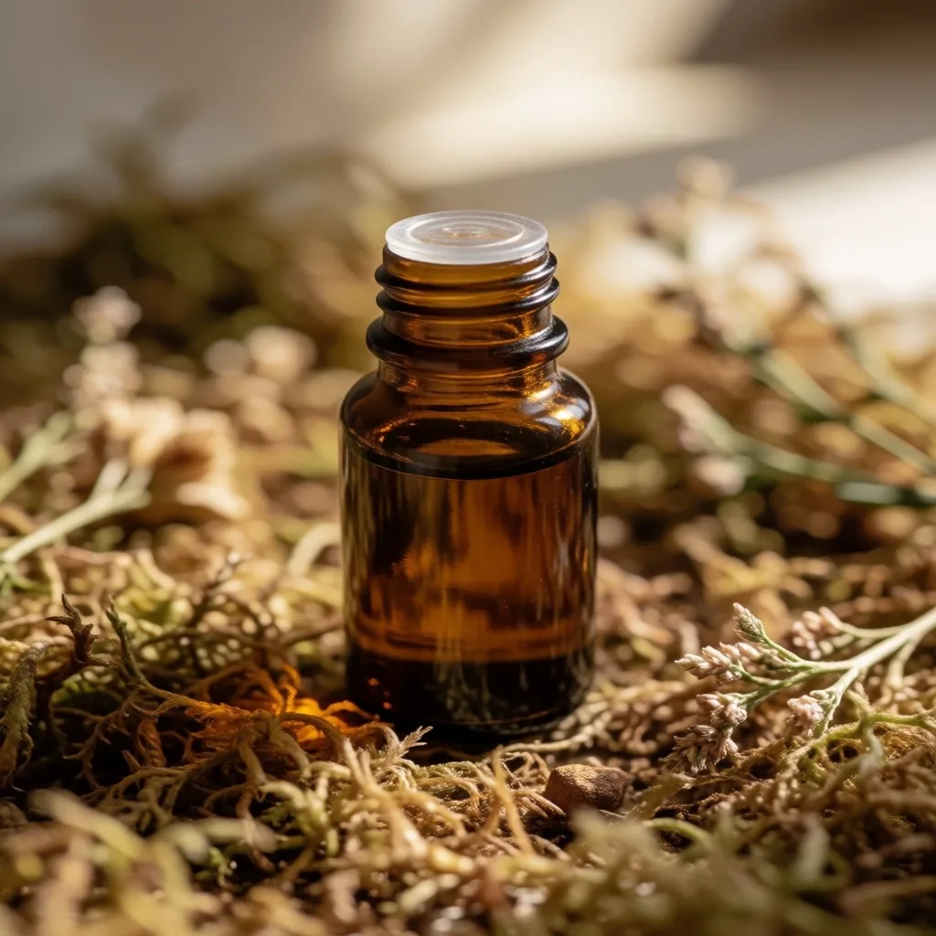 Amber glass supplement bottle on dried moss