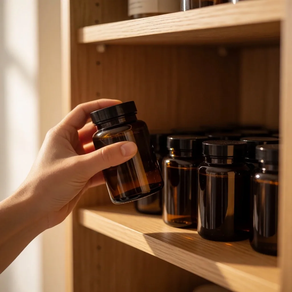 Collection of supplement bottles on a wooden shelf