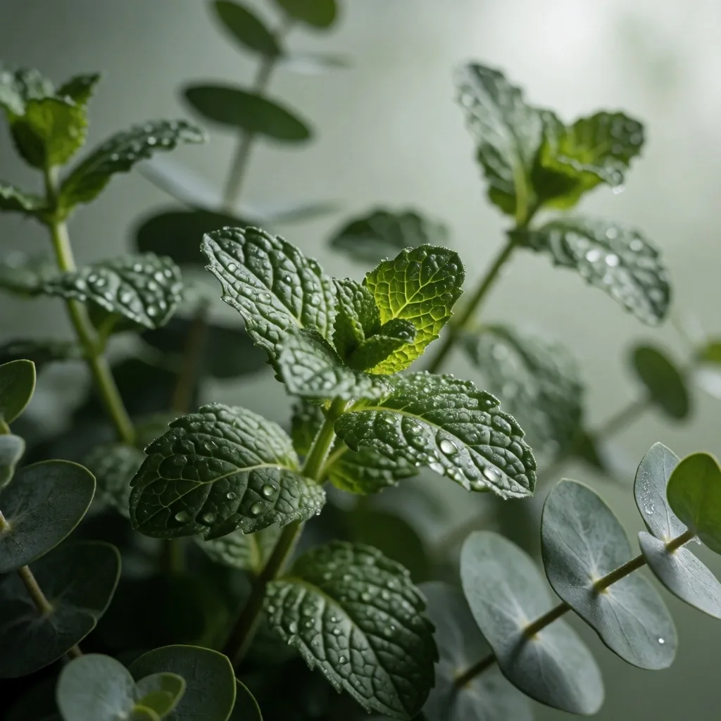 Fresh dew-covered herb leaves in soft natural light