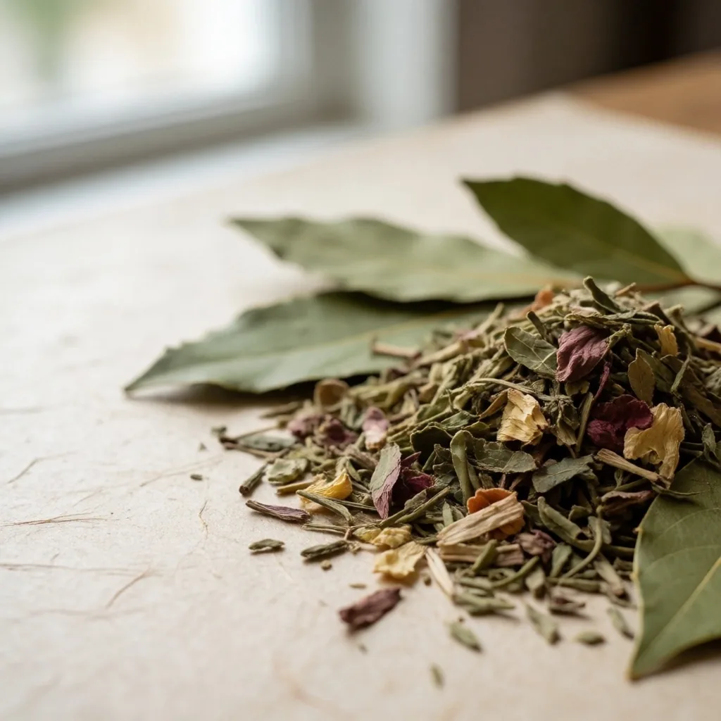 Botanical ingredients arranged on textured paper